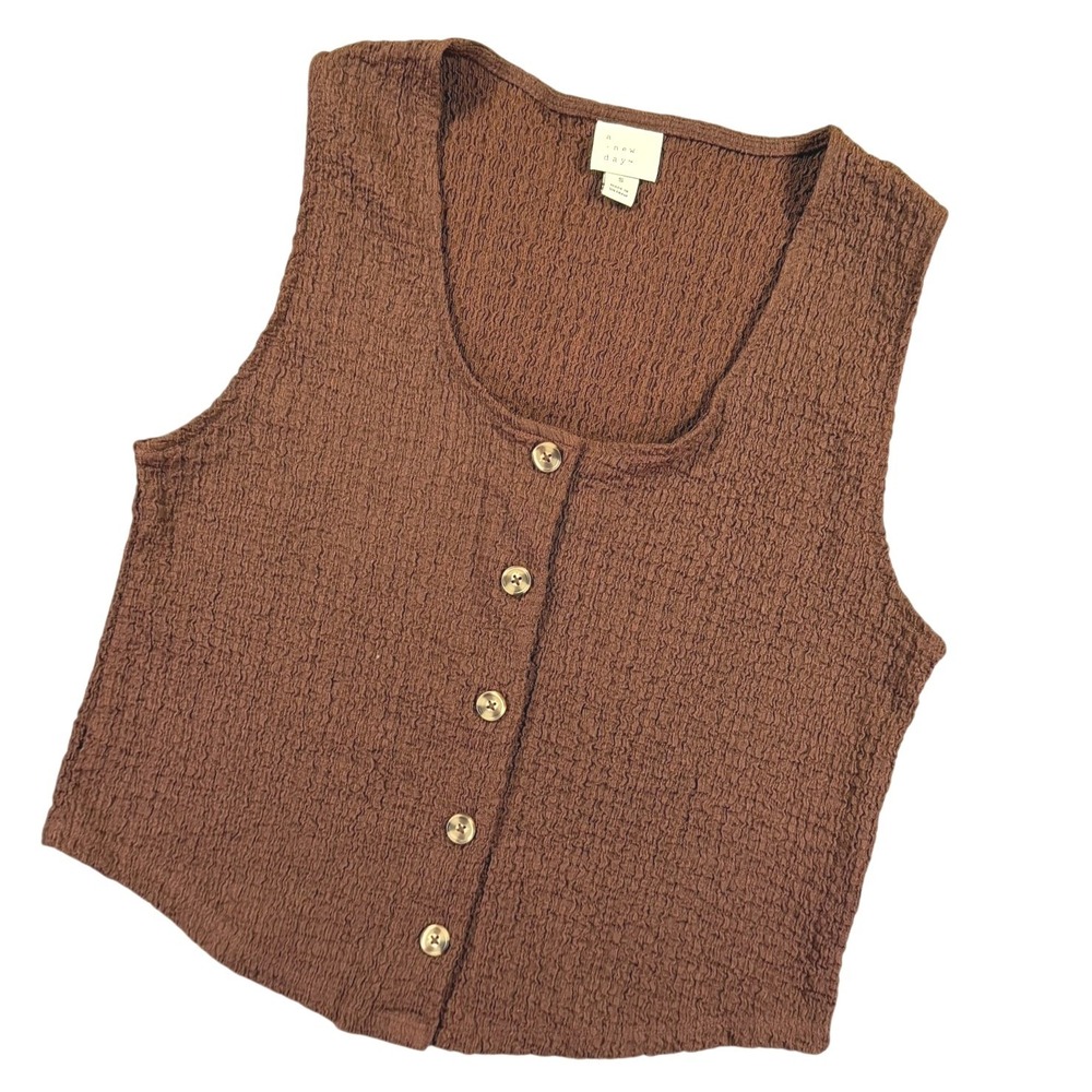 A New Day Crinkle Texture Vest Women Small Brown‎ Button Front Casual Layering